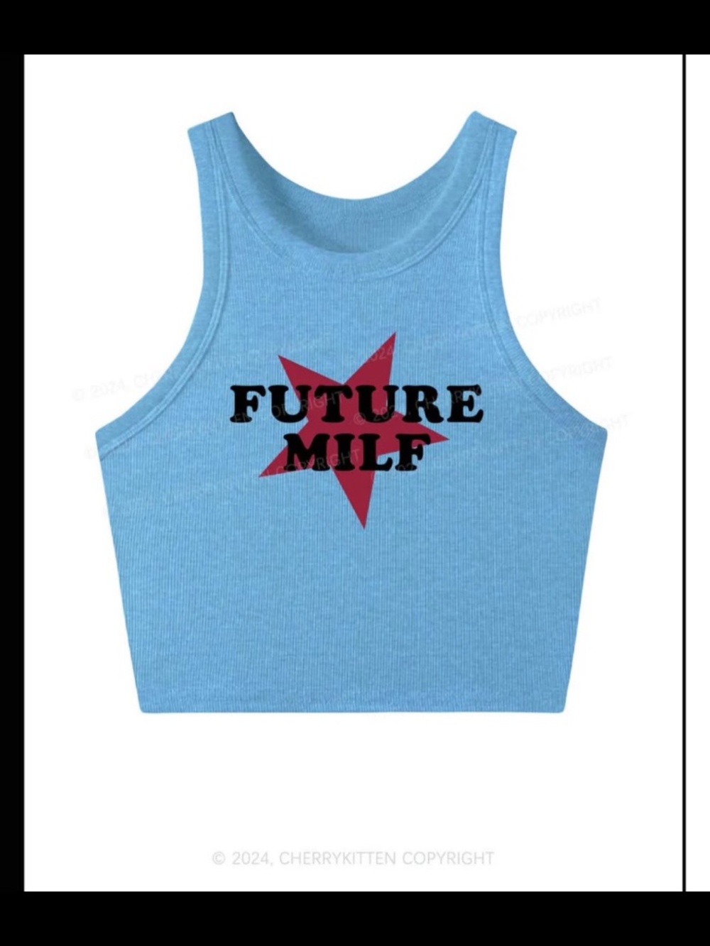 Blue crop top logo says future milf